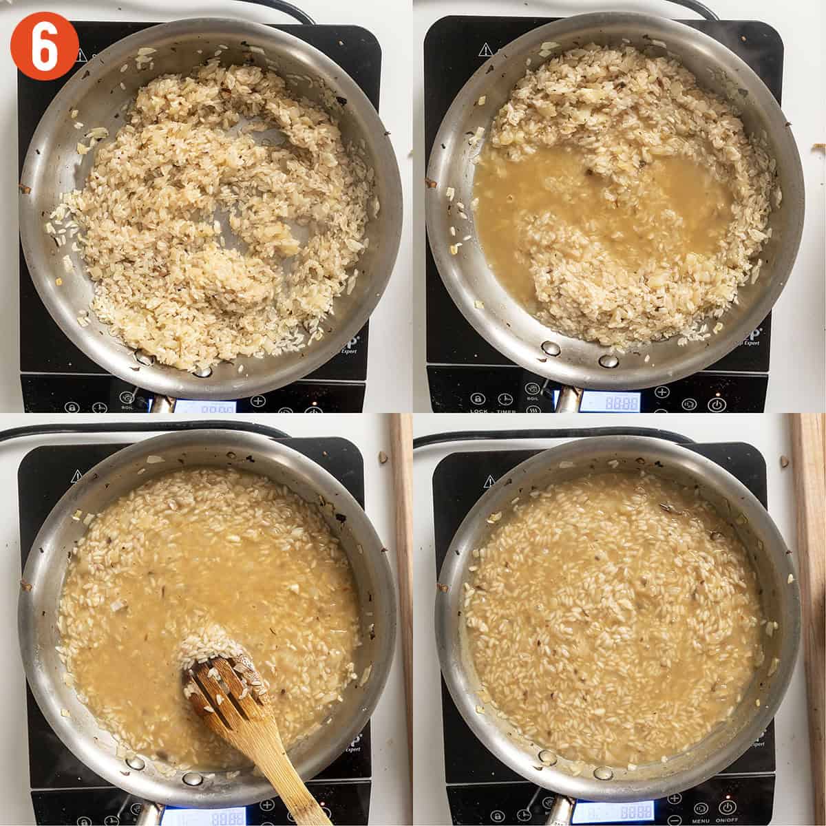 Slowly adding more stock to the risotto.