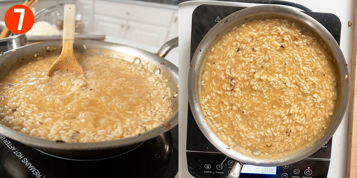 Thickening the stock in the risotto.