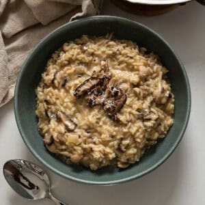 Mushroom truffle risotto in a bowl.