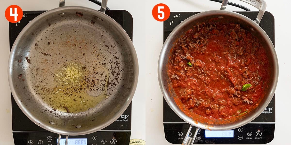 Making marinara sauce in a pan with meat.