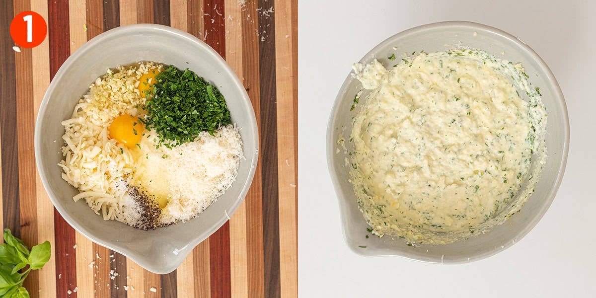 Ricotta mixture with parmesan, mozzarella, egg, parsley and seasoning in a bowl.
