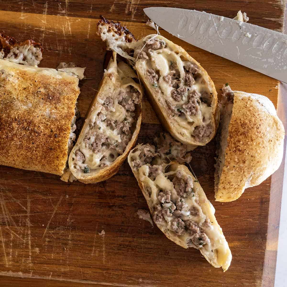 Italian sausage bread cut open
