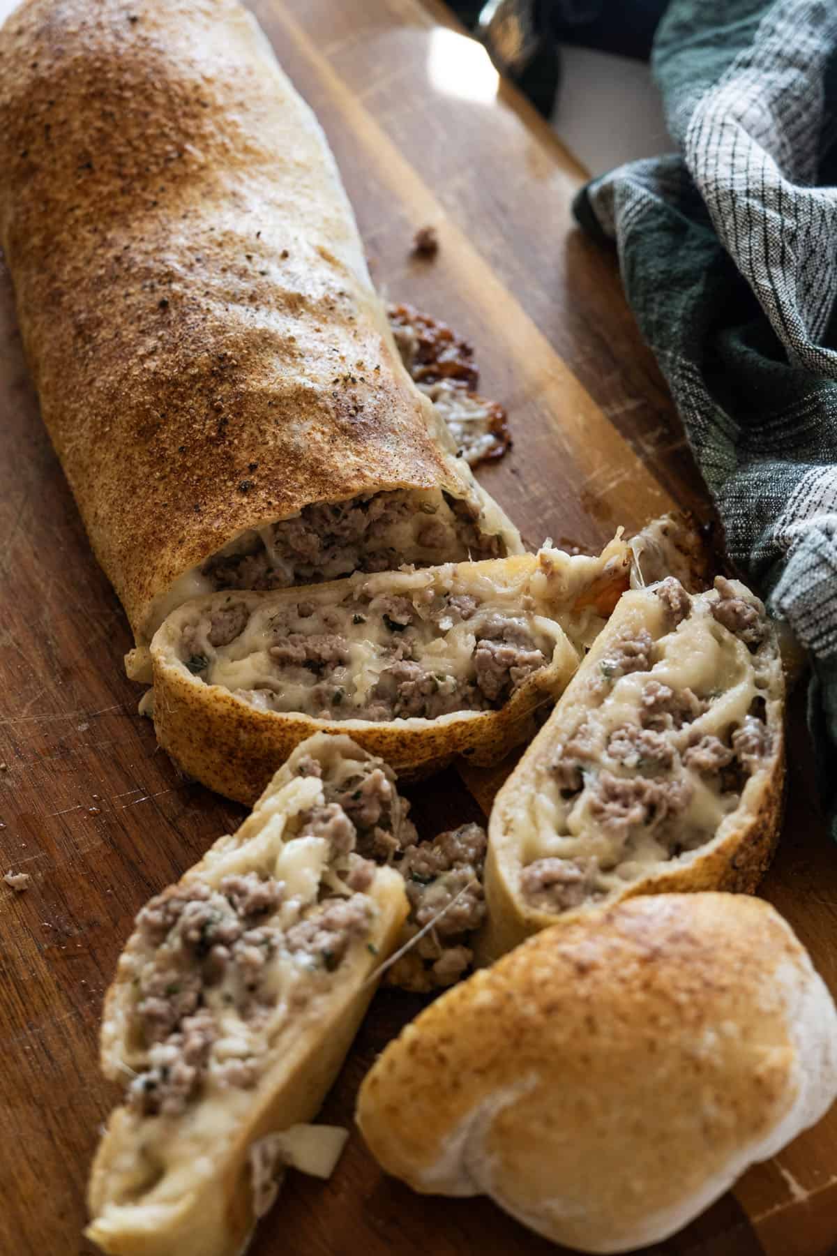 Italian sausage bread cut open