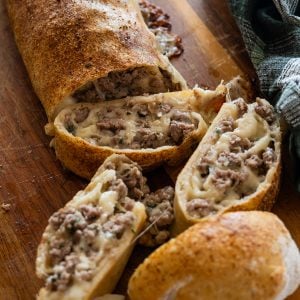 Italian sausage bread cut open