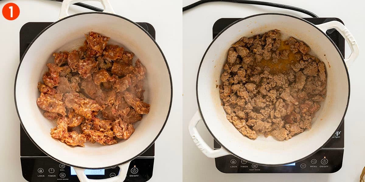 Searing and browning sausage in a dutch oven.