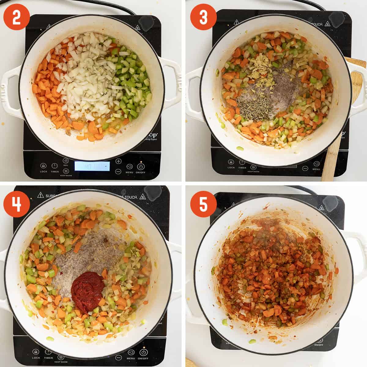Sauteing vegetables and caramelizing tomato paste in a dutch oven.