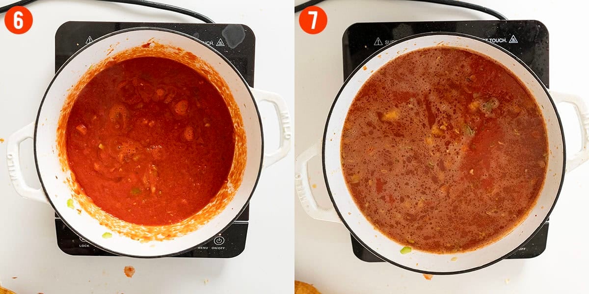 Simmering crushed tomatoes and chicken stock in a dutch oven.