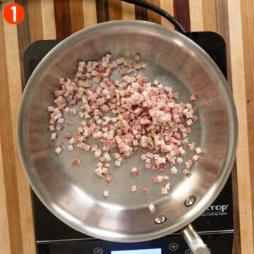 Sauteing pancetta in a pan.