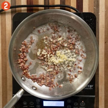 Sauteing pancetta with garlic.