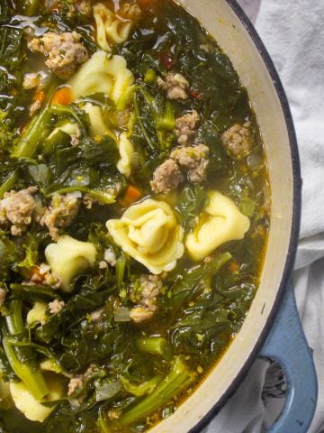 broccoli rabe and tortellini soup in the dutch oven