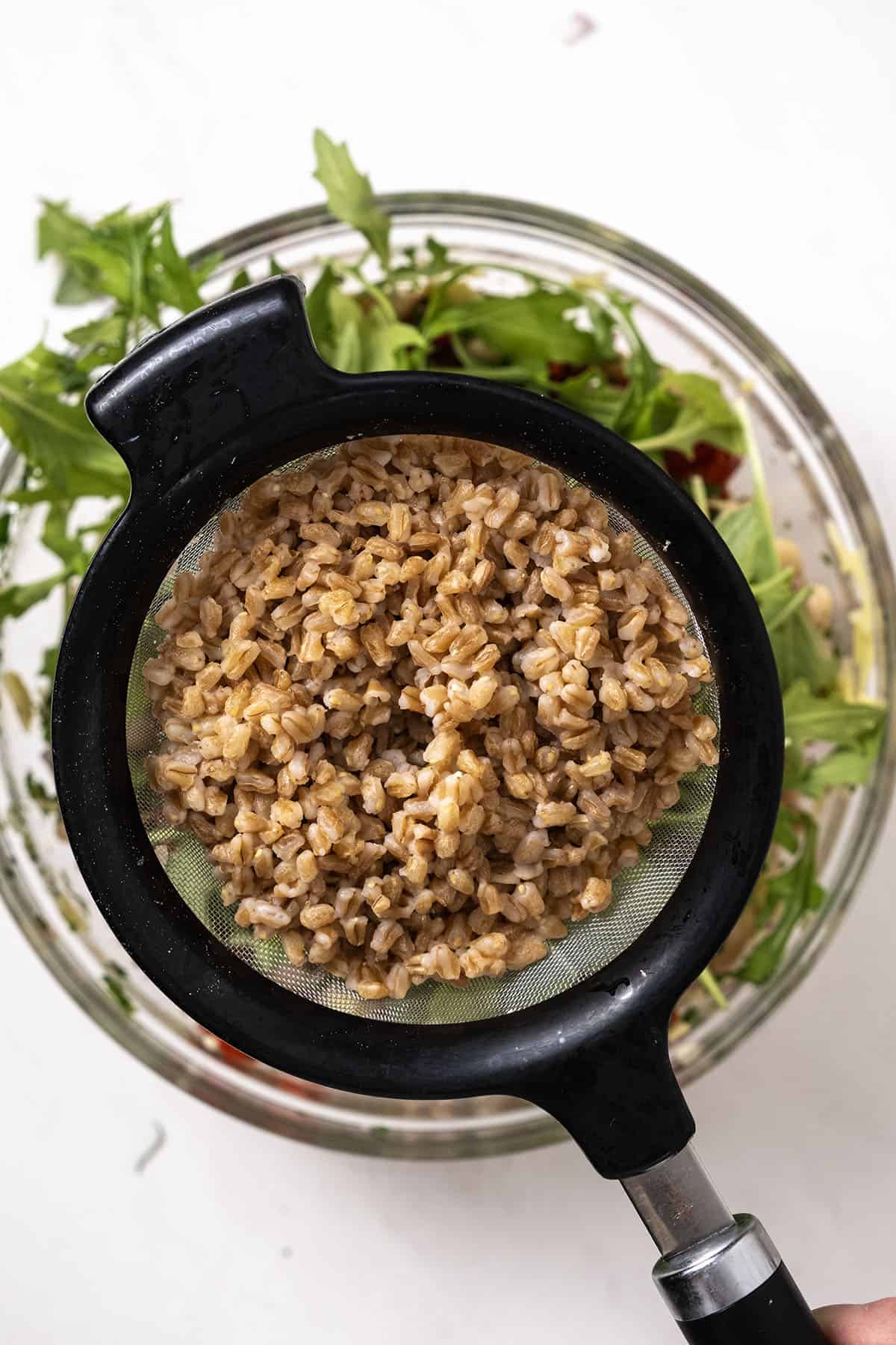Vibrant Summer Farro & Cannellini Bean Salad 6 Cooked farro, perfectly cooled and ready for mixing into the summer salad.