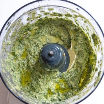 olive oil and lemon added and emulsified into pesto