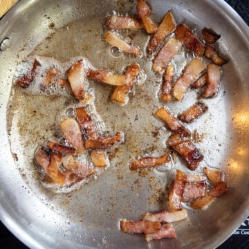 Frying guanciale in a pan.