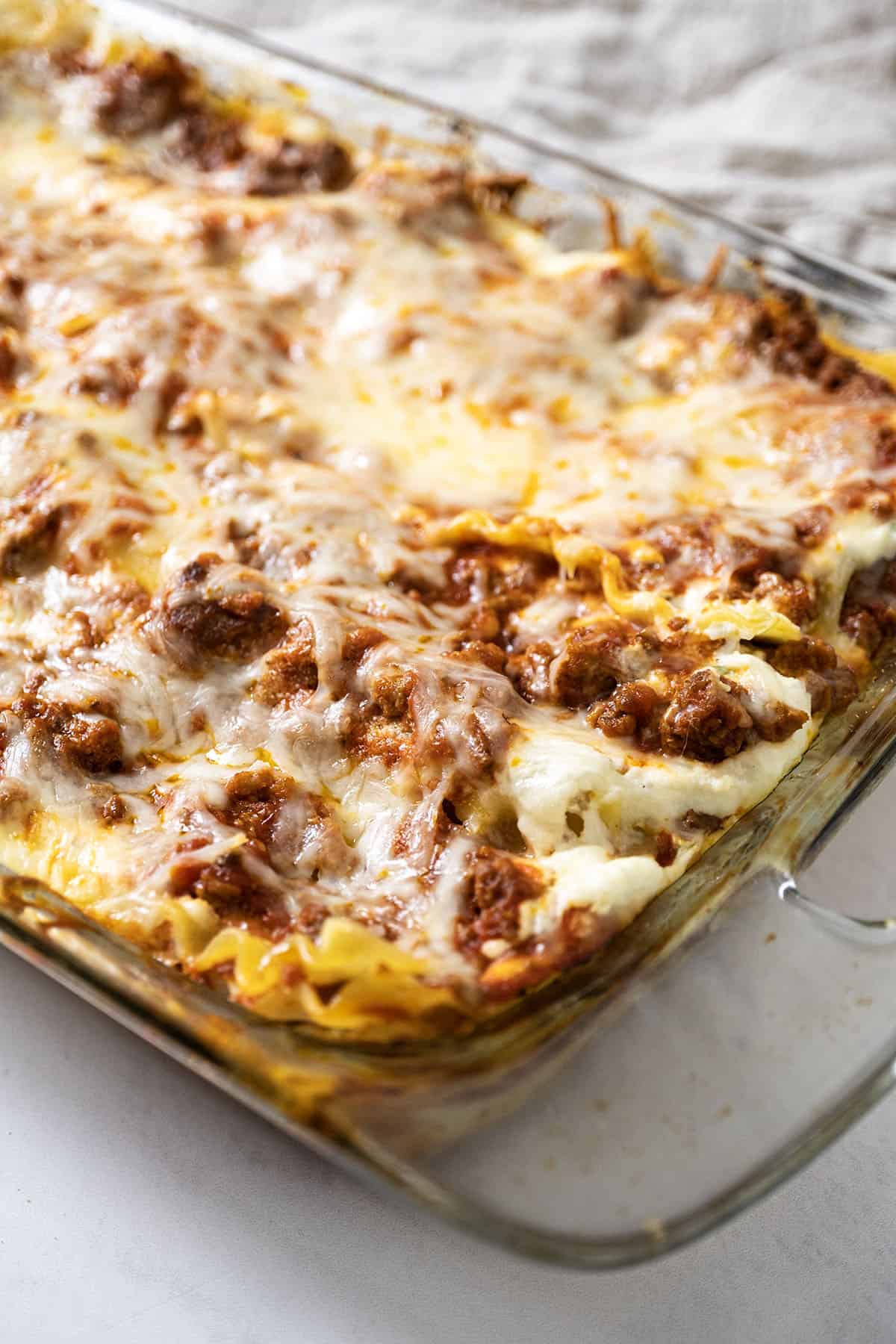 Lasagna baked in a baking dish.