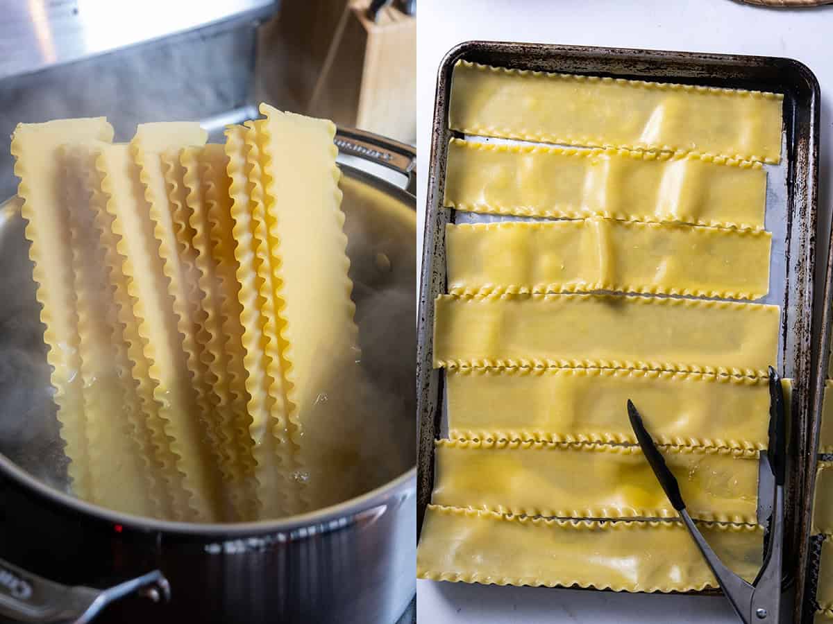 Boiling lasagna noodles and then laying them out on a greased pan.