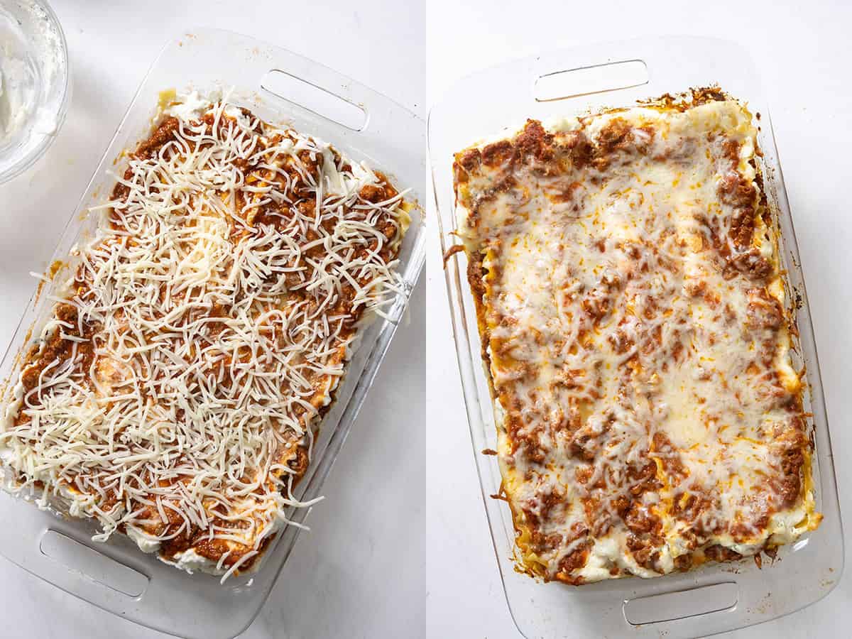 Topping the lasagna with mozzarella and baking until melty.