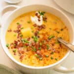Creamy potato and onion soup topped with pancetta, chives, and sour cream.