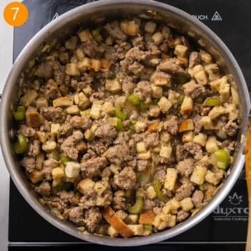 Chicken broth added to stuffing to soften bread cubes.