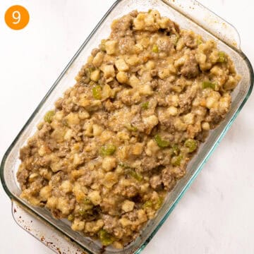 Sauteed stuffing in a glass baking pan to bake in the oven.