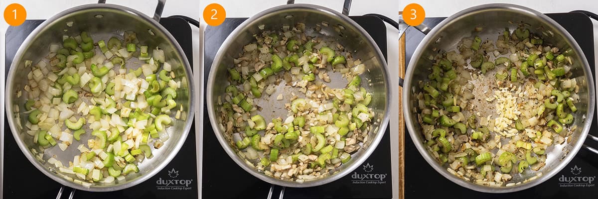 Sauteing celery, onion, mushrooms, and garlic in a saucepan.