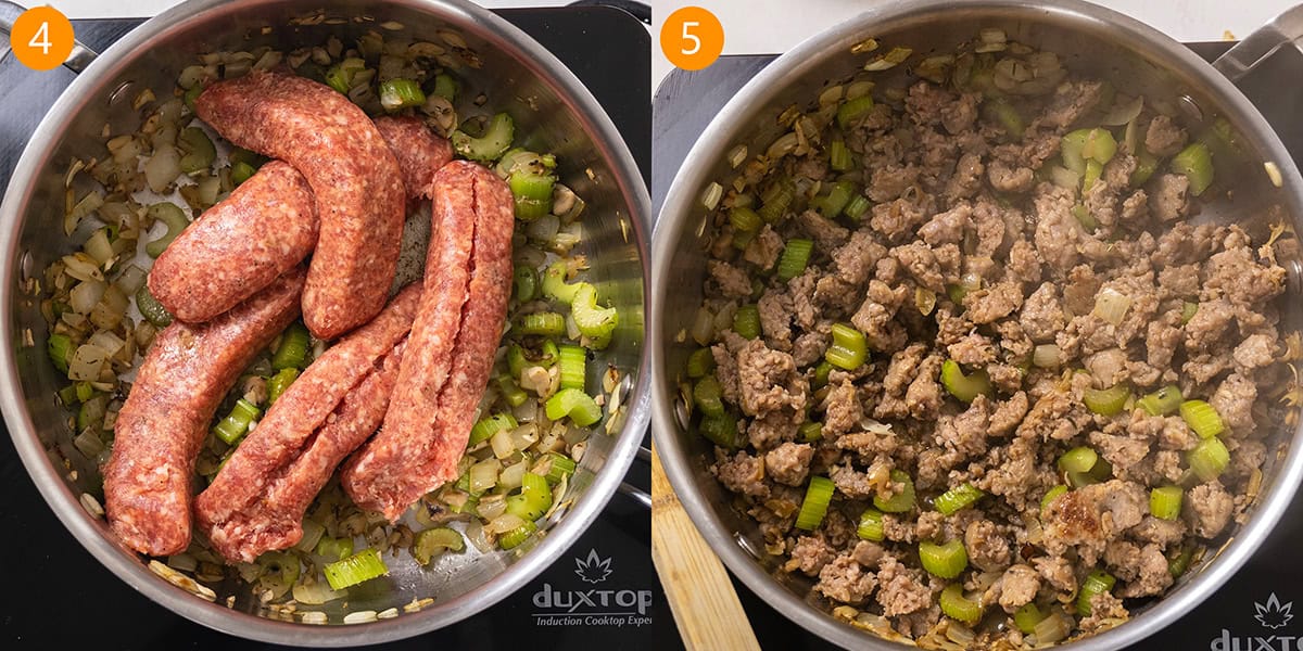 Ground sausage added to pan with vegetables to brown.