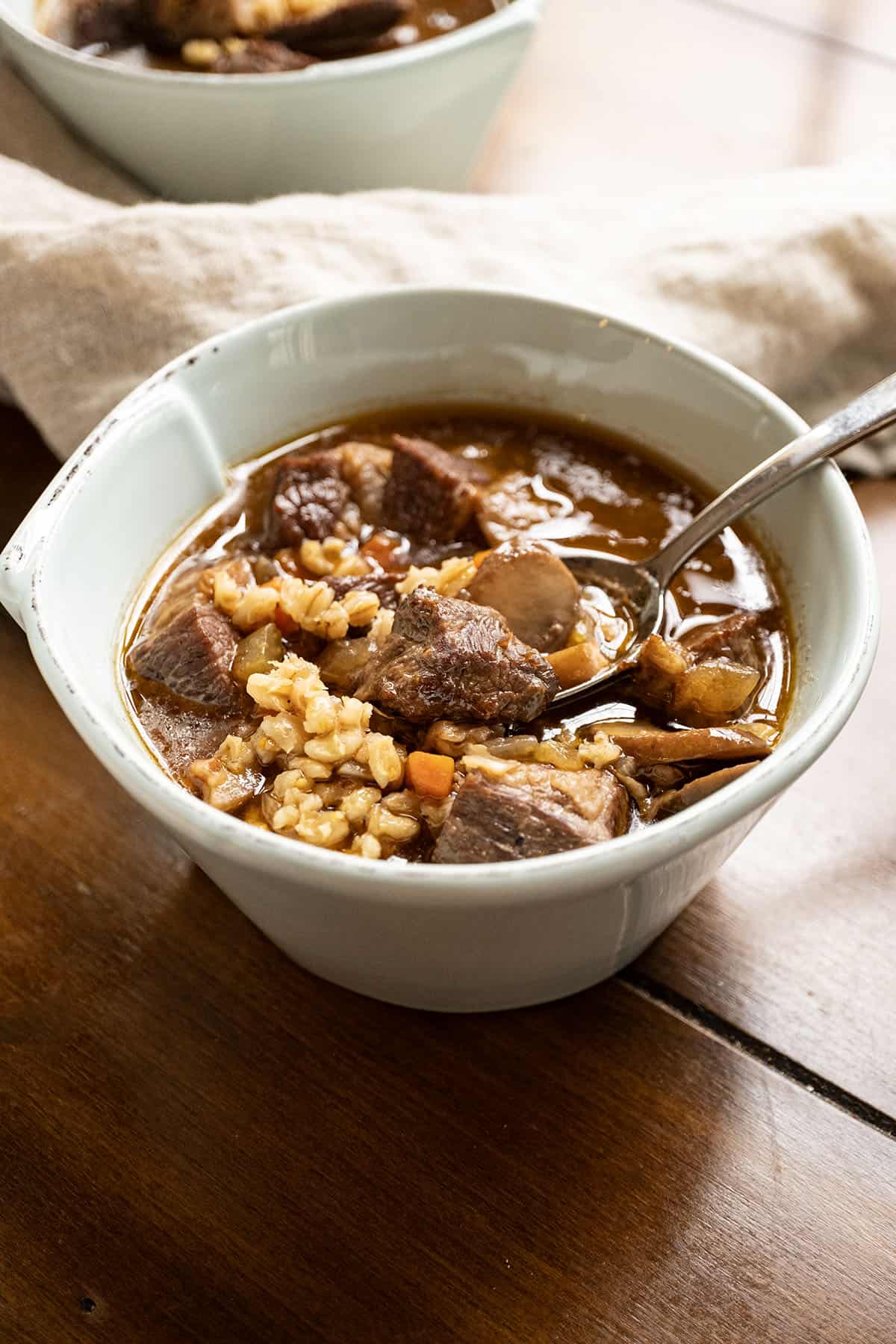 Beef and barley soup in a bowl.