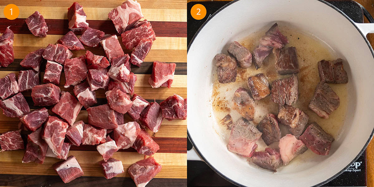 1 inch chunks of beef chuck roast searing in a dutch oven.