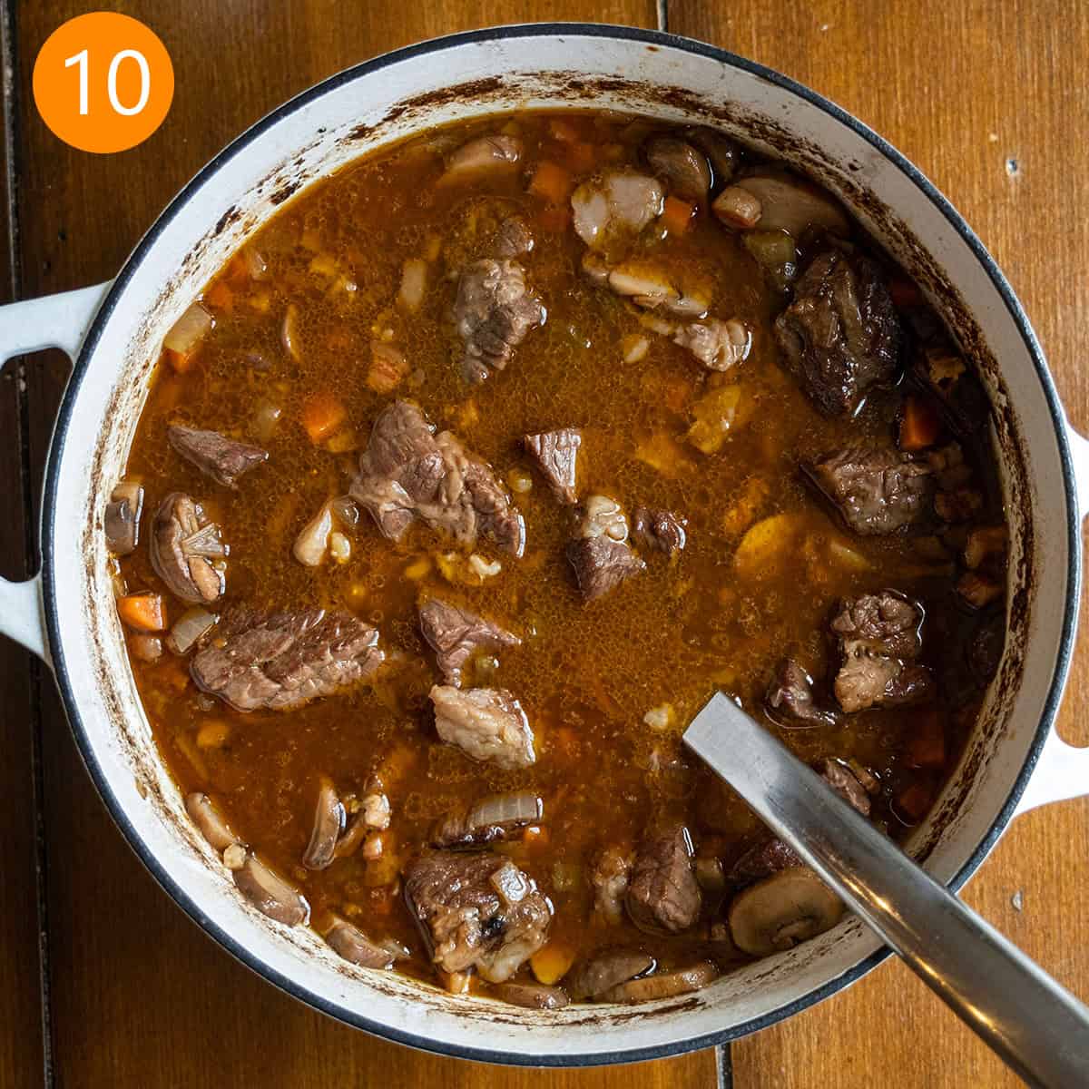 Beef and Barley soup completed in dutch oven.