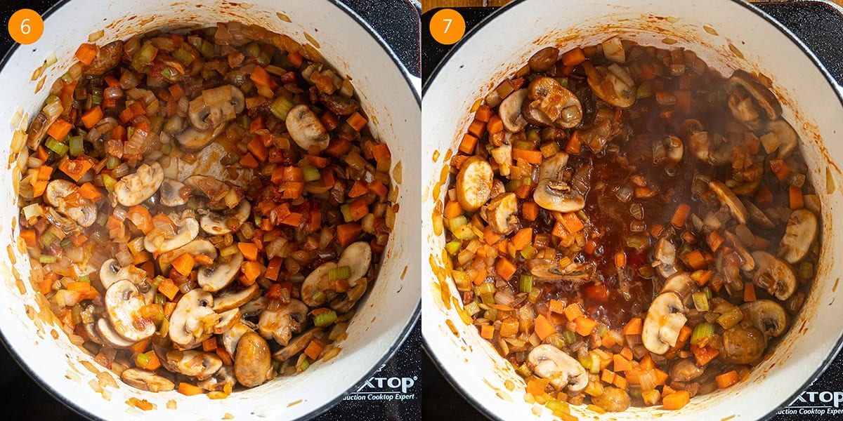 Caramelizing tomato paste and simmering red wine with vegetables in dutch oven.