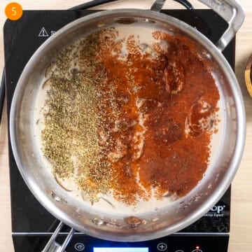 Heavy cream, paprika, oregano, cayenne added to the sauce.