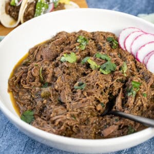 Barbacoa in a bowl topped with cilantro.