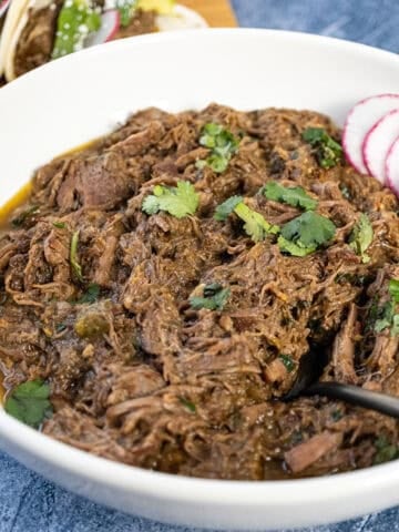 Barbacoa in a bowl topped with cilantro.