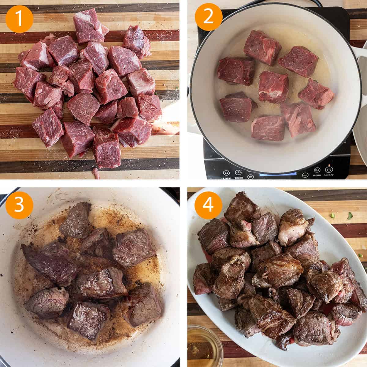 Cutting beef into 1-2 inch pieces and searing in dutch oven.
