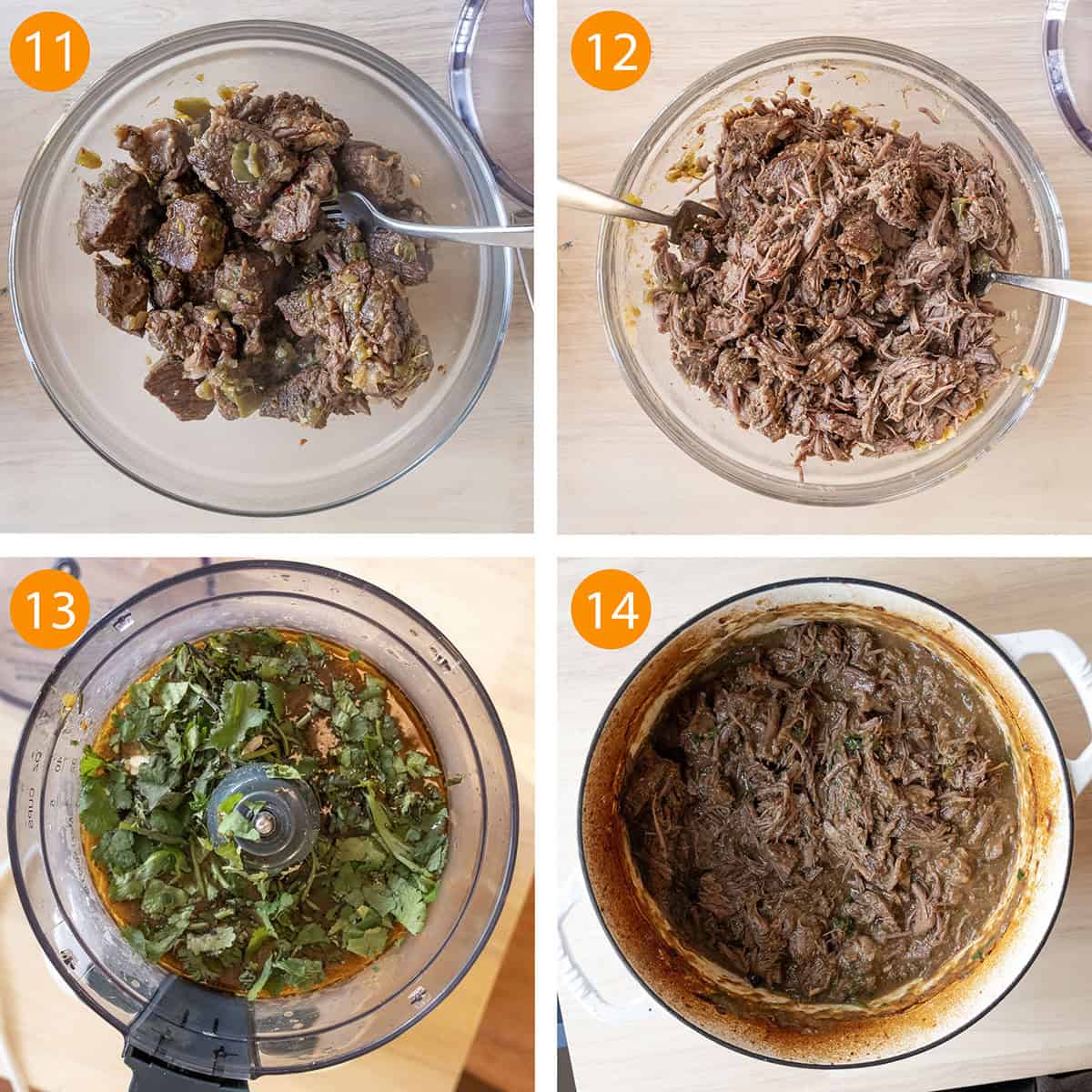 Shredding the beef with a fork and blending the sauce with a food processor.