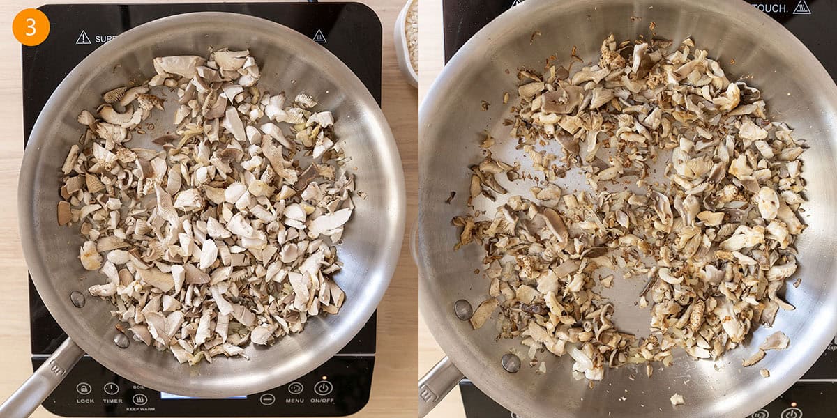 Sauteing mushrooms in a pan.