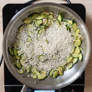 Toasting arborio rice.