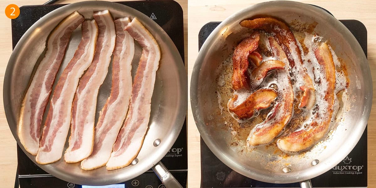 Frying bacon in a pan. 