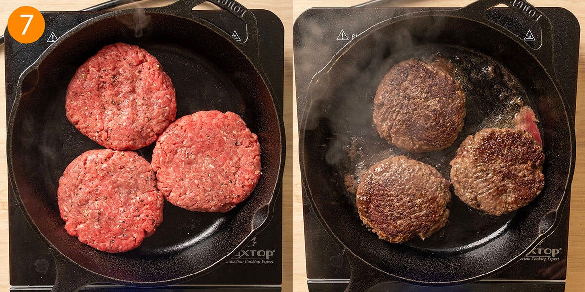 Grilling burgers on a cast iron pan.