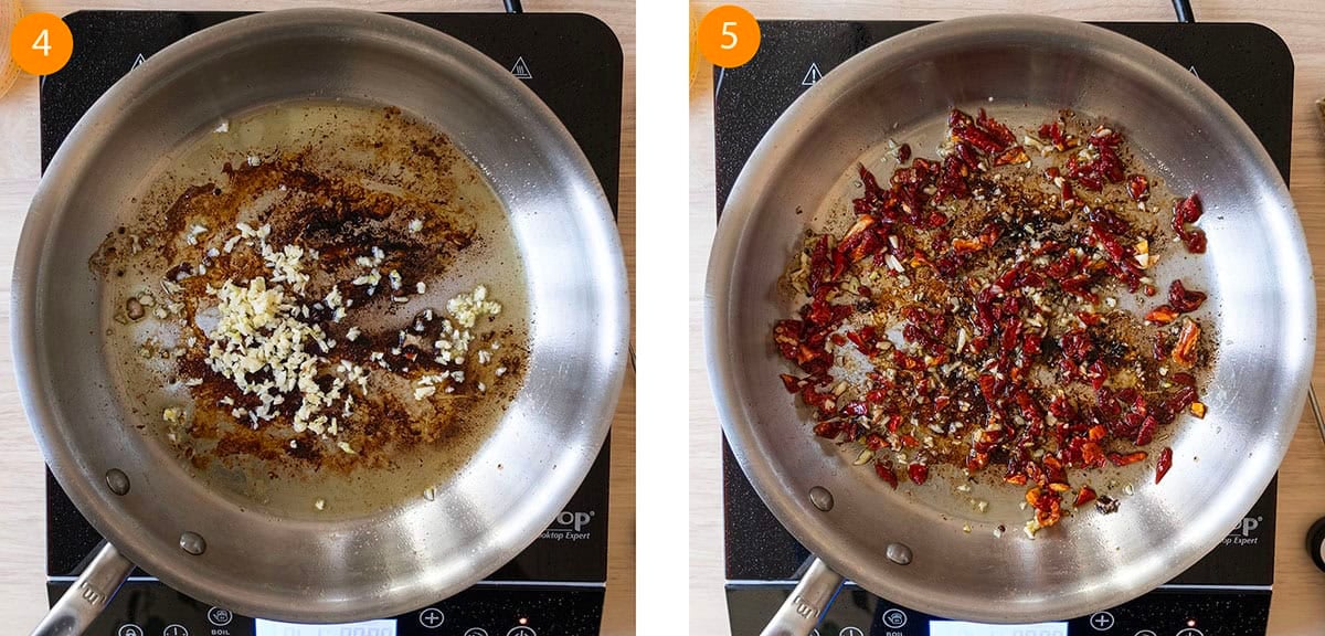 Sauteing the garlic and sundried tomatoes. 