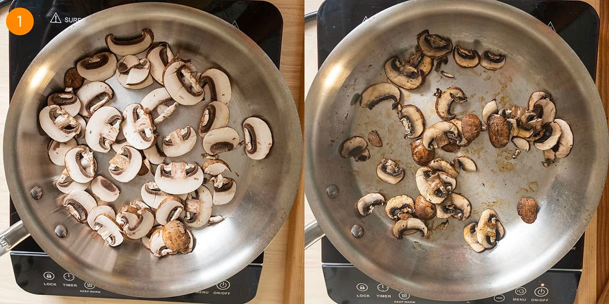 Browning the mushrooms in the pan.