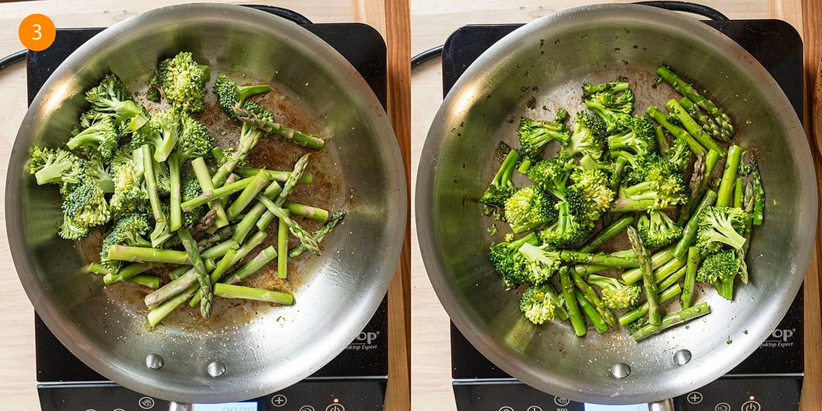 Sauteing broccoli and asparagus in a saucepan.