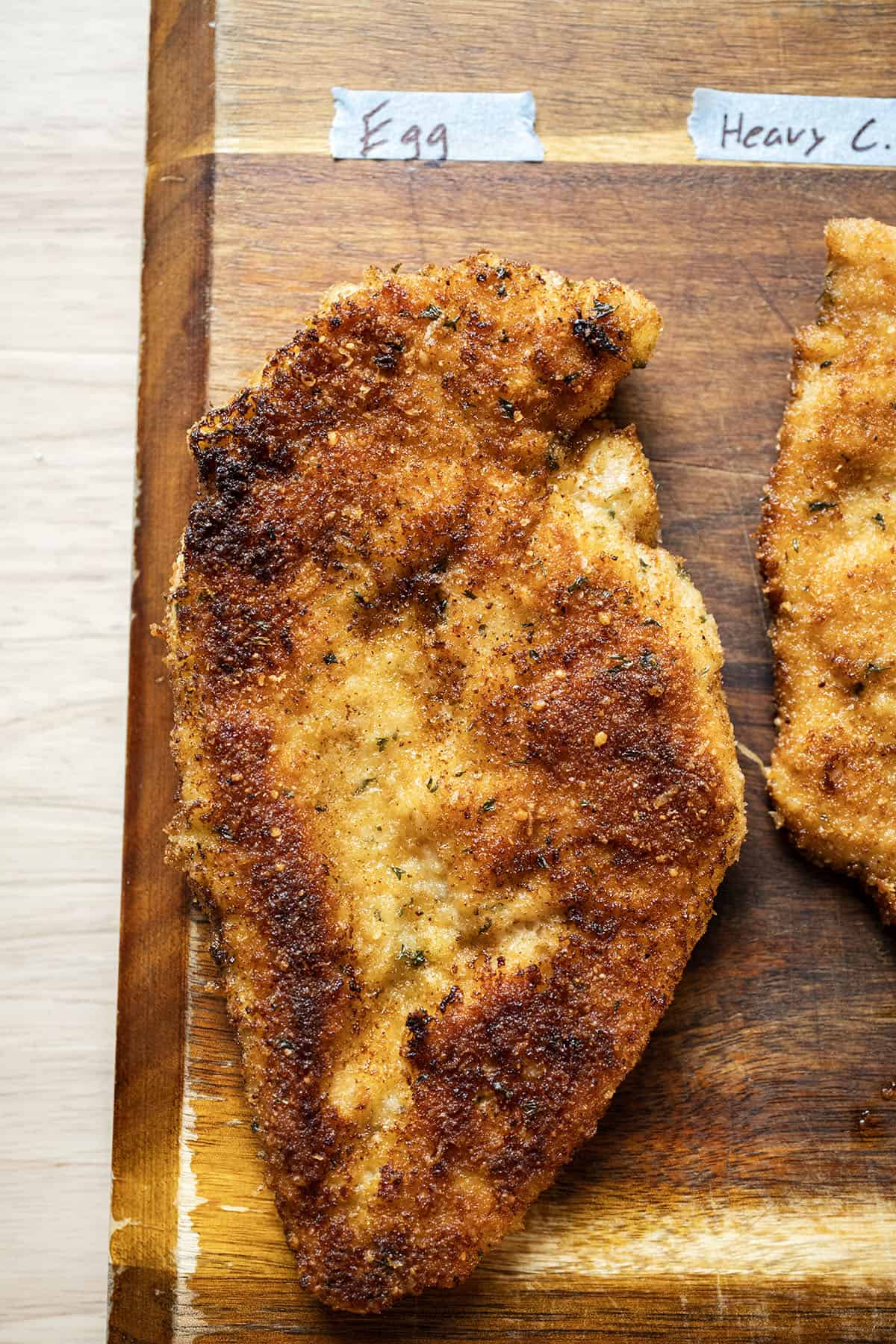 Chicken cutlet battered in egg.