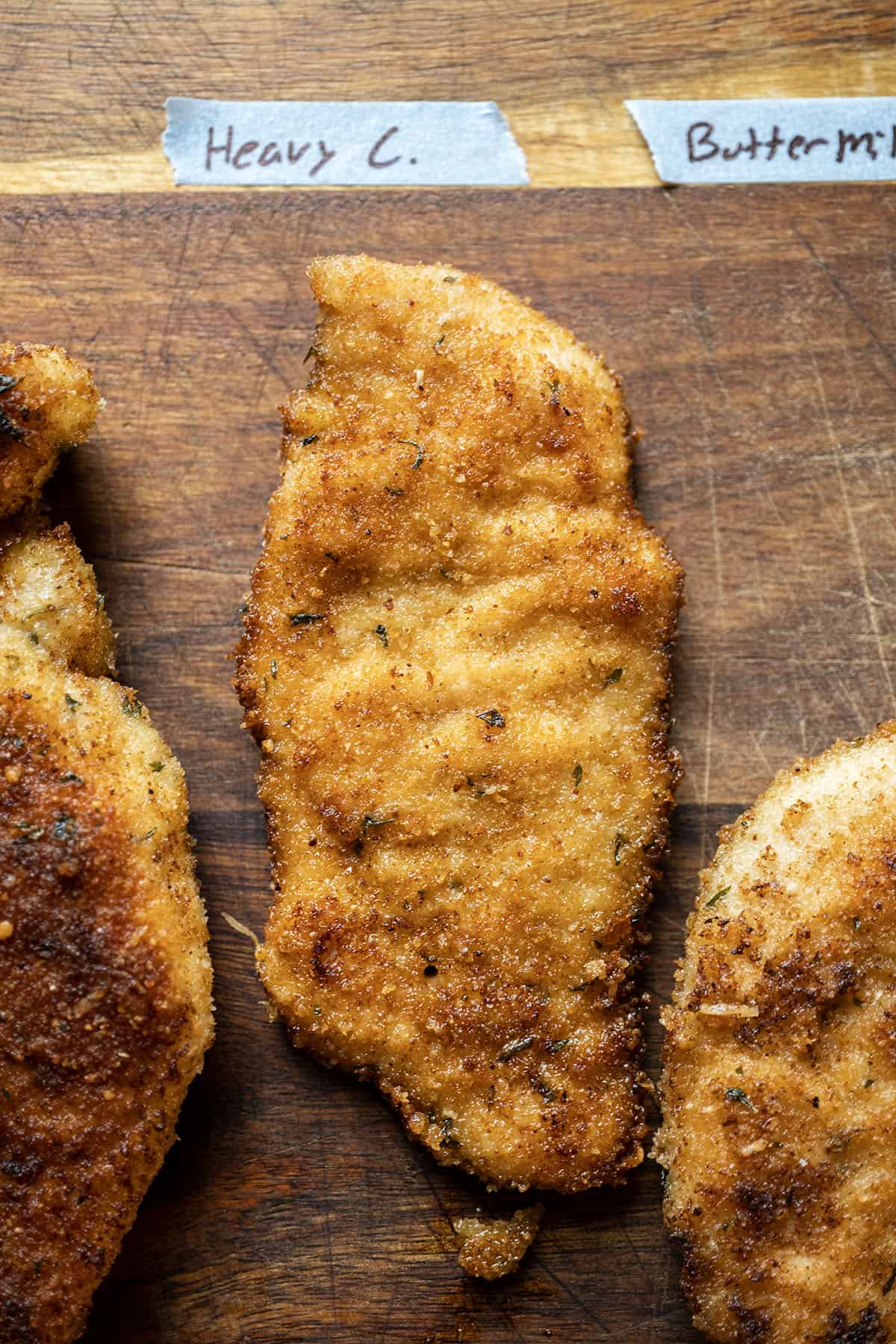 Chicken cutlet battered in heavy cream.