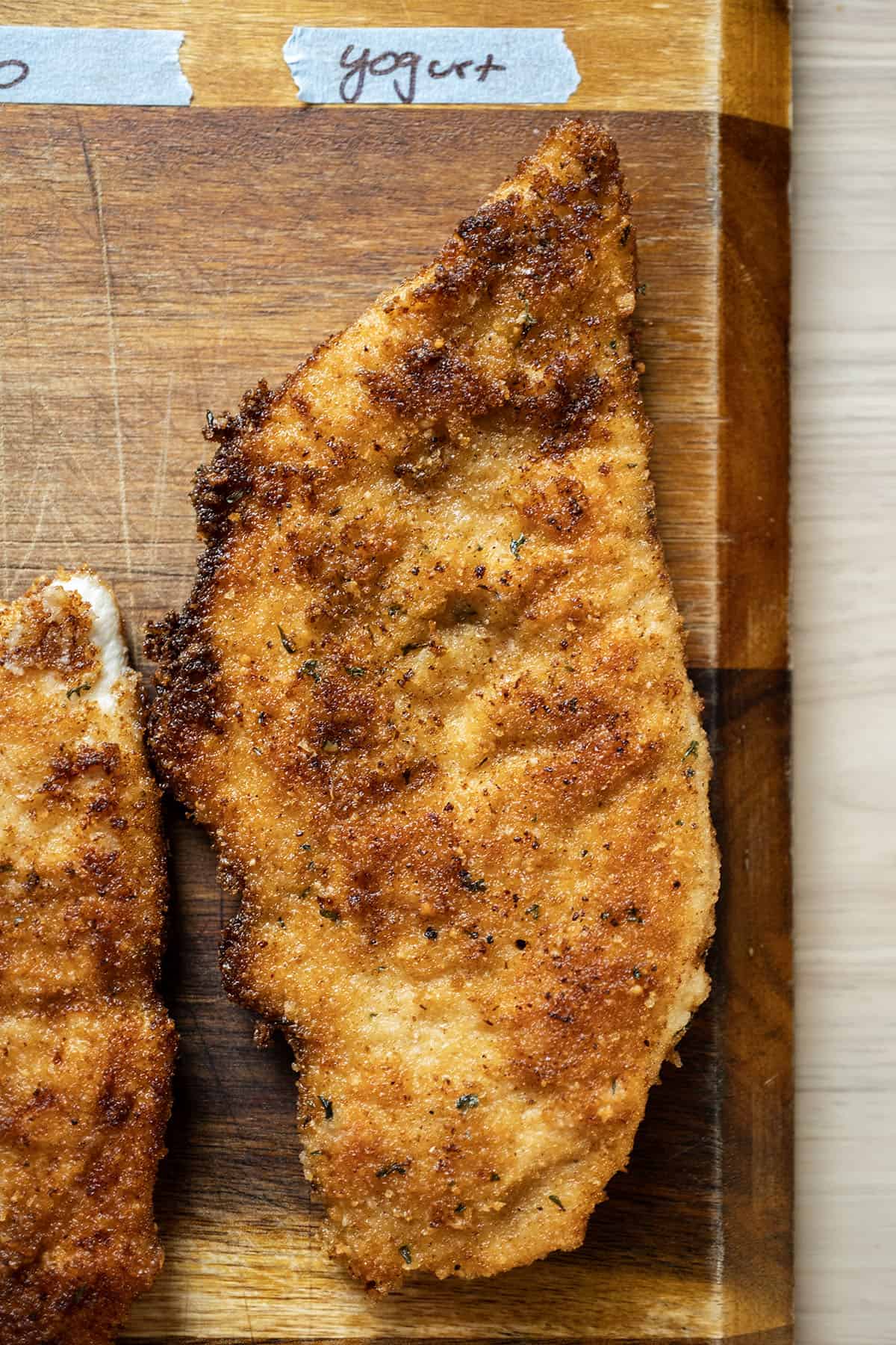 Chicken cutlet battered in yogurt.