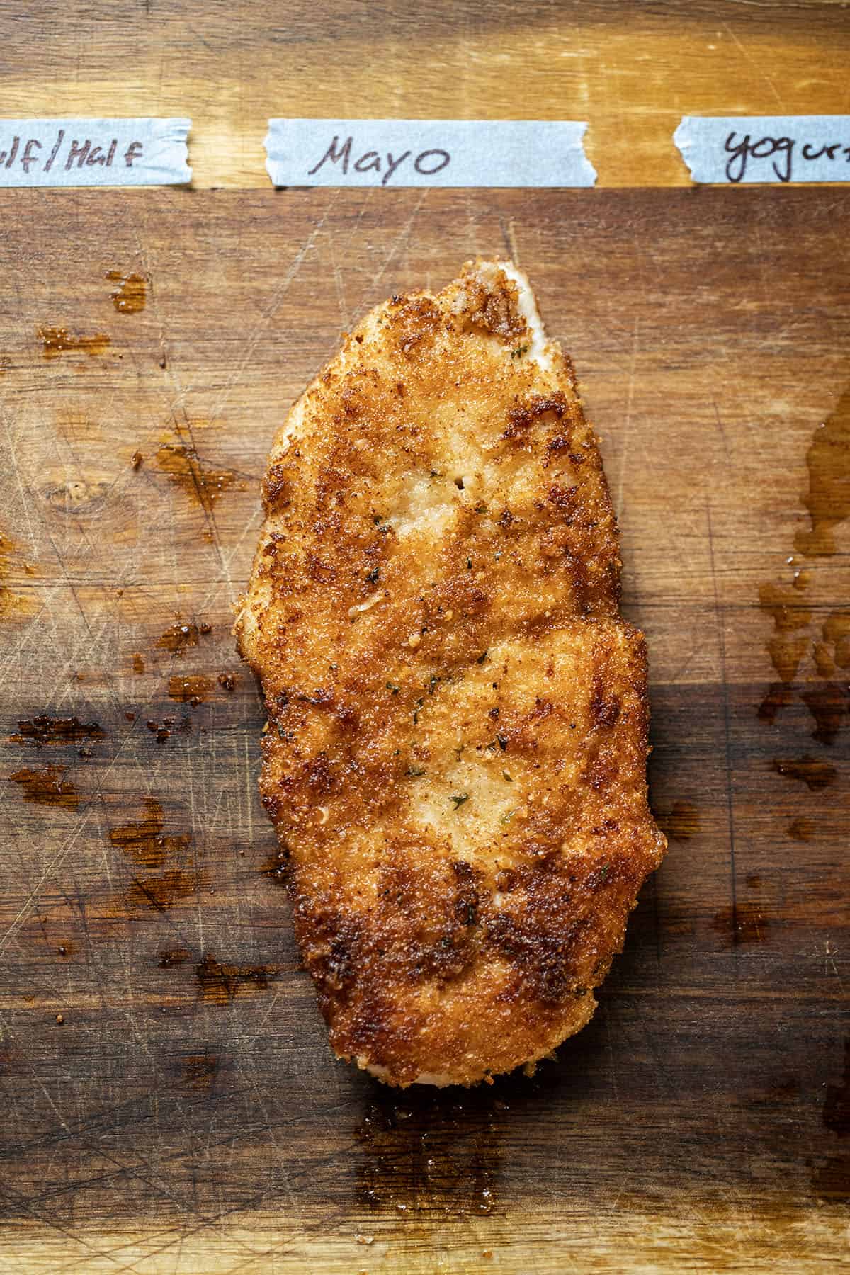 Chicken cutlet battered in mayo.