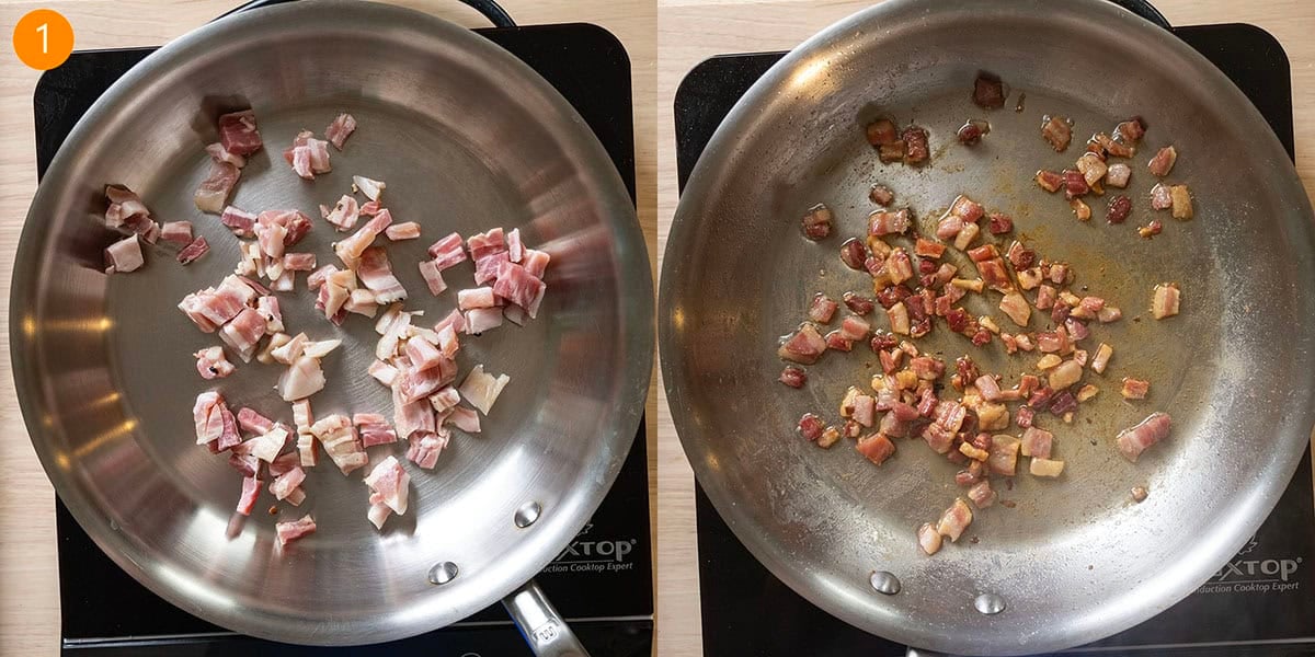 Frying pancetta in a pan. 