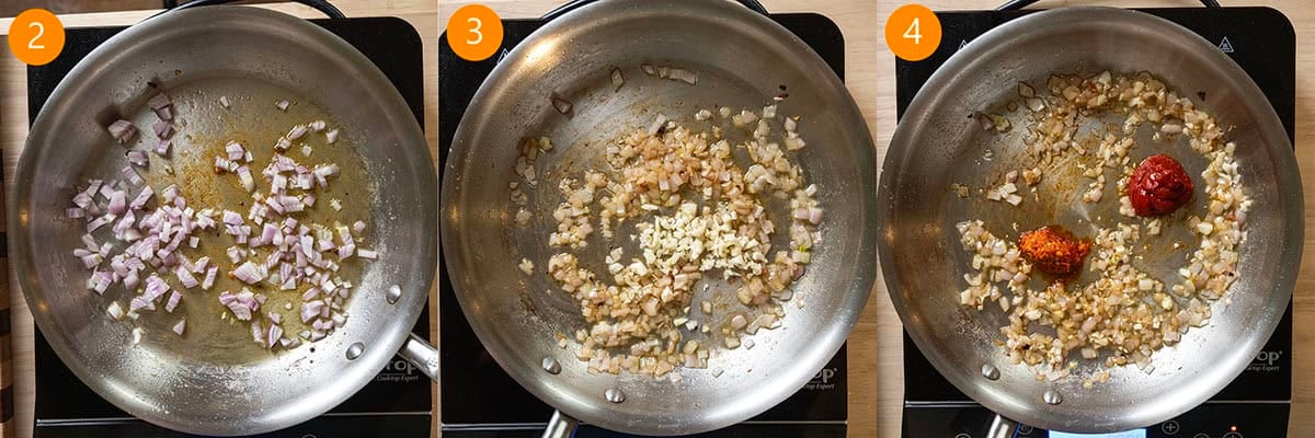 Sauteing the garlic and shallots and caramelizing tomato paste in a pan. 