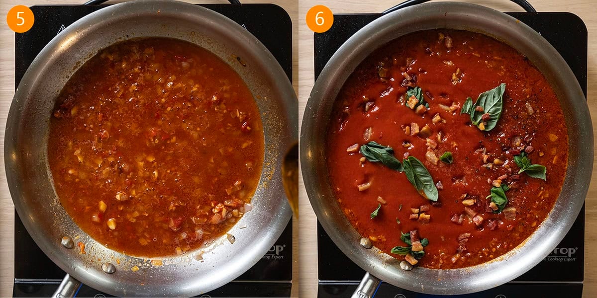 Simmering the sauce in the pan. 