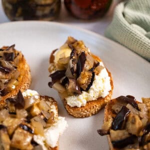 Marinated eggplant on toast with ricotta.