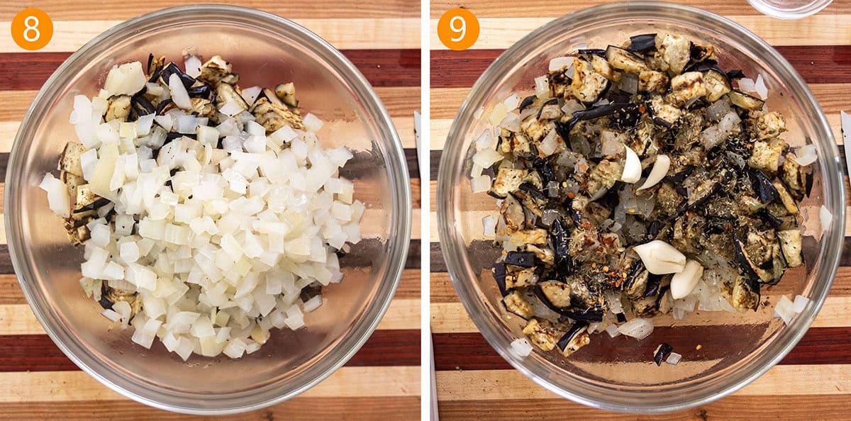 Grilled onions, eggplant, whole garlic, and seasoning combined in a bowl.